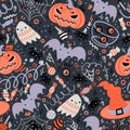 Halloween seamless pattern. Hand-drawn illustration with pumpkins, tombstone, skull, ghost, bat, hat, cat and etc. It can be used