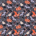 Halloween seamless pattern. Hand-drawn illustration with pumpkins, tombstone, skull, ghost, bat, hat, cat and etc. It can be used