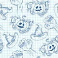 Halloween seamless pattern, hand drawn monochrome blue seamless background with pumpkin, wizard hat, zombie hands in notebook Royalty Free Stock Photo