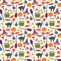 Halloween seamless pattern. Holiday related objects. Witches accessory set. Trick or treat wallpaper. Kids background