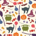 Halloween seamless pattern. Holiday related objects. Witches accessory set. Trick or treat wallpaper. Kids background