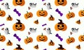 Halloween seamless pattern horizontal. Lots of scary pumpkins, purple candies and ghosts. Trick or Treat.
