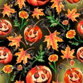 Halloween seamless pattern.Jack`s lamp.Pumpkin, maple leaves, flowers, spiders Royalty Free Stock Photo