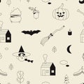 Halloween seamless pattern with magic elements like witch head and pumpkin. Halloween party background