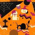 Halloween seamless pattern in memphis style, geometric shapes. Scary pumpkins, gravestones, bats and crows. Vector