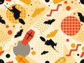 Halloween seamless pattern in memphis style. Witches on a broomstick with bats and geometric figures. Vector Royalty Free Stock Photo