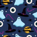 Halloween seamless pattern with mystic elements, witch hats, spiders and ghosts. Vector illustration