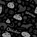 Halloween Seamless Pattern of Mystical Elements on Black. Colorful Cartoon illustration Digital Paper. Spooky Holiday Texture