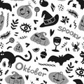 Halloween Seamless Pattern of Mystical Elements on White. Colorful Cartoon illustration Digital Paper. Spooky Holiday Texture