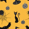 Halloween seamless pattern on orange background. Black cat, spider on web, flying bat, witch`s hat, pumpkins. Print, packaging, wa Royalty Free Stock Photo