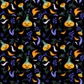 Halloween background. Seamless pattern. Orange pumpkins in green hats.  Violet and orange leaves, branches. Royalty Free Stock Photo