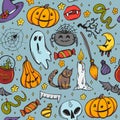 Halloween seamless pattern in pop art retro comic style with hand drawn pumpkin, skull, vampire, bat, other objects