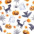 Halloween seamless pattern - pumpkin, bat, ghost, black cat. Watercolor Royalty Free Stock Photo