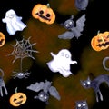 Halloween seamless pattern - pumpkin, bat, ghost, cat. Cute watercolor Royalty Free Stock Photo