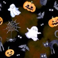 Halloween seamless pattern - pumpkin, bat, ghost, cat. Cute watercolor Royalty Free Stock Photo