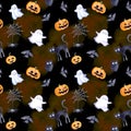 Halloween seamless pattern - pumpkin, bat, ghost, cat. Cute watercolor Royalty Free Stock Photo