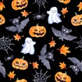 Halloween seamless pattern - pumpkin, bat, ghost, spider. Cute watercolor Royalty Free Stock Photo