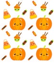Halloween seamless pattern with pumpkin, candy corn and sweets. Colorful background for textile, wrapping and other design
