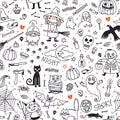 Halloween seamless pattern. Pumpkin, Ghosts, Cats