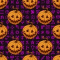 Halloween seamless pattern with pumpkins on ancient scripts background