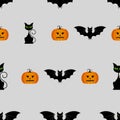 Halloween seamless pattern with pumpkins, black cat and bat Royalty Free Stock Photo