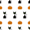 Halloween seamless pattern with pumpkins, black cat. Royalty Free Stock Photo