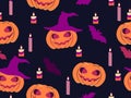 Halloween seamless pattern with pumpkins, candles and bats. Celebration background for promotional materials, print