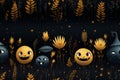 halloween seamless pattern with pumpkins and corn stalks on a black background