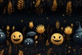 halloween seamless pattern with pumpkins and corn stalks on a black background Royalty Free Stock Photo