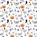 Hand drawn halloween bright seamless pattern