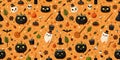 Halloween seamless pattern with pumpkins, ghost, witch hat, broom, pumpkin, witch cauldron, potion, witch hat, black cat, pumpkin. Royalty Free Stock Photo