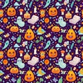 Halloween seamless pattern with pumpkins and ghosts.