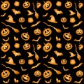 Halloween seamless pattern with pumpkins, skulls, bats, and other elements. Orange silhouettes on black background Royalty Free Stock Photo