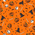 Halloween seamless pattern of pumpkins, skulls, witch hats Royalty Free Stock Photo