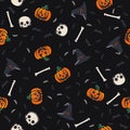 Halloween seamless pattern of pumpkins, skulls, witch hats Royalty Free Stock Photo