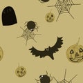Halloween seamless pattern with pumpkins, spiders, bats, gravestones on brown background. Print, packaging, wallpaper, textile, fa