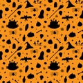 Seamless halloween pattern with pumpkins, bats and ghosts