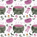 Halloween seamless pattern with purple skulls, cauldron and witch potions. Royalty Free Stock Photo