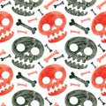 Halloween seamless pattern with red and black skulls and bones. Royalty Free Stock Photo