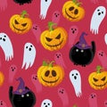 Halloween seamless pattern on red pink background. Funny fat cat, ghost and pumpkin halloween pattern background. Halloween theme Royalty Free Stock Photo