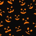 Halloween seamless pattern with scary pumpkin faces on black background. Easy to edit vector template for greeting card, banner, Royalty Free Stock Photo