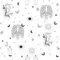Halloween seamless pattern with skeleton, hands and sneak.