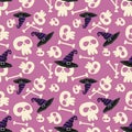 Halloween seamless pattern with skull, bone with witch hat