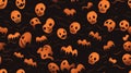 halloween seamless pattern with skulls and bats on black background Royalty Free Stock Photo