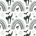 Halloween seamless pattern with skulls, frightened black cat and rainbows Royalty Free Stock Photo