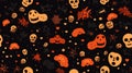 halloween seamless pattern with skulls and hearts on black background Royalty Free Stock Photo