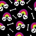 Halloween seamless pattern with skulls, rainbows and bones. Spooky digital background Royalty Free Stock Photo