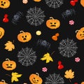 Halloween seamless pattern. Spider, scary pumpkin, cobweb, autumn yellow and orange fallen leaves, candies and sweets on dark
