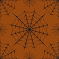Halloween seamless pattern with spider web. Vector illustration in black on an orange background. Banner, invitations, wallpaper