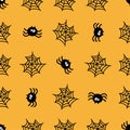 Halloween Seamless Pattern. Spider And Web In Yellow Background
